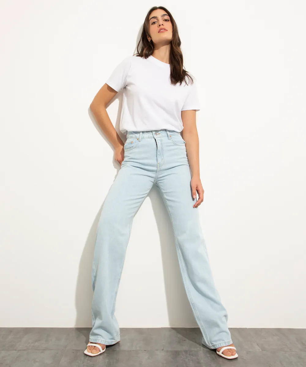 Calça Jeans Feminina Mindset Reta Loose Copenhagen Cintura Super Alta Azul Claro Marmorizado | C&A (BR)