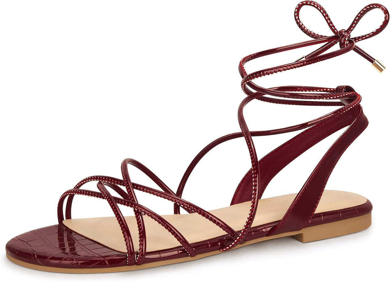 PARTY Women's Strappy Sandals Gladiator Lace Up Flats Summer Wrap Open Toe Tie Up Shoes | Amazon (US)
