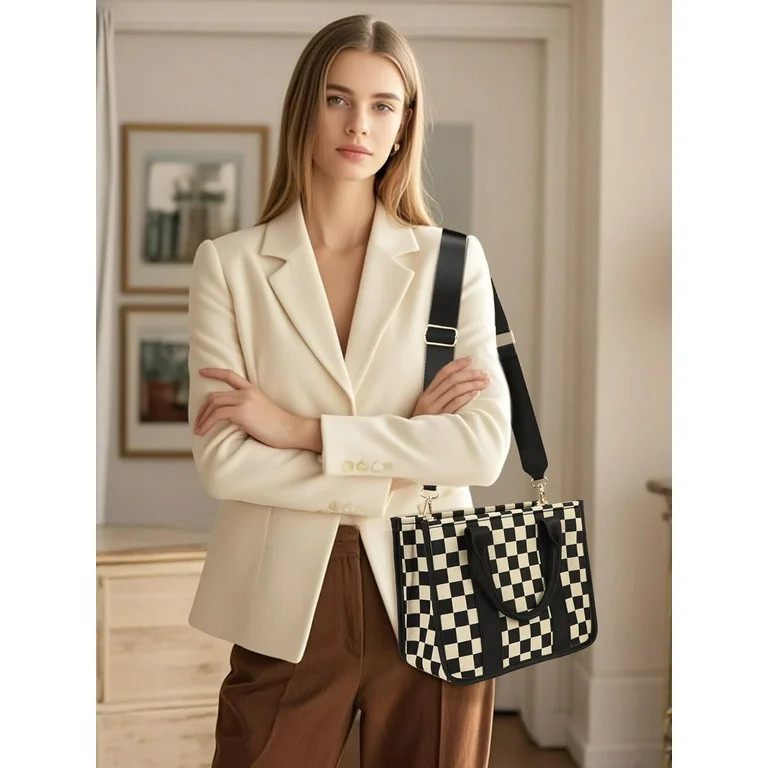 Women's Checkered Crossbody Bag, Canvas Work Tote Bag - Checkered Women's Bag, Black and White To... | Walmart (US)