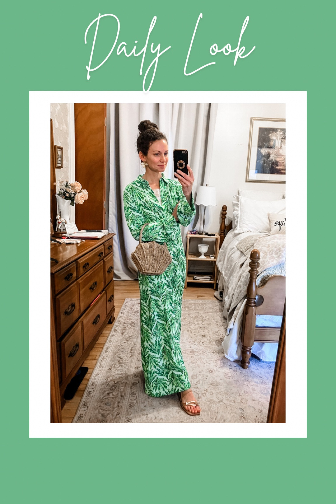 A green Lilly Pulitzer dress for spring!
Green dress from Lilly Pulitzer is old, linking similar. 
Large gold flower earrings are from a local boutique, linking similar. 
Shell rattan handbag from Chicwish. 
Sandals are old from Marc Fisher, linking similar. 
Petite outfit. Preppy outfit. Summer outfit. Spring outfit. Modest outfit  

#LTKMothersDay #LTKootd #LTKOver40