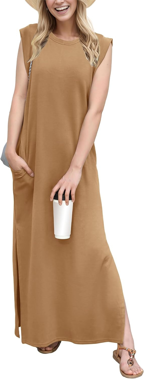 GRECERELLE 2026 Women Year-Round Casual Round Neck Loose Split Wrinkle-Free Long Maxi Vacation Dress with Pockets (XXS-4XL) | Amazon (US)