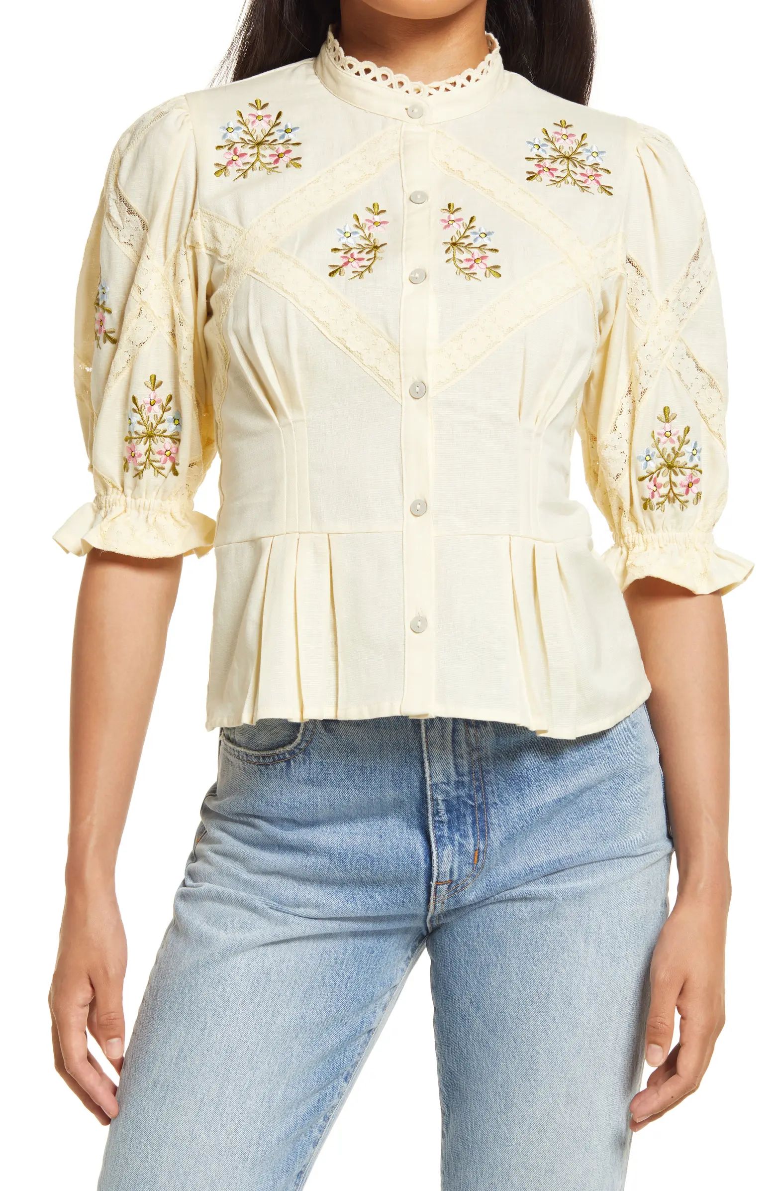 RIVER ISLAND Embroidered Floral Puff Sleeve Top | Nordstrom | Nordstrom