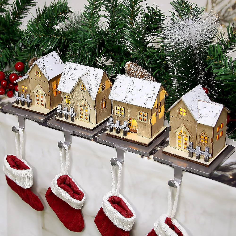 4pcs Christmas Stocking Holders for Mantle,Wood House Mantle Stocking Holders,Stocking Hangers wi... | Amazon (US)