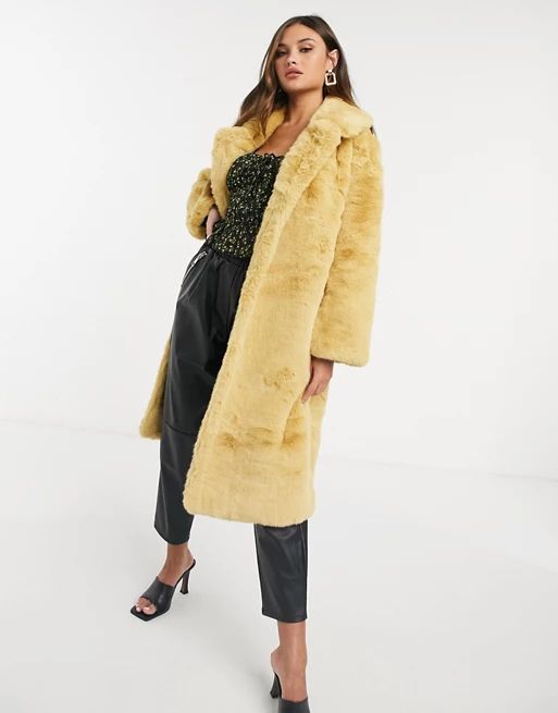 Jayley longer length faux fur coat in pale yellow | ASOS (Global)