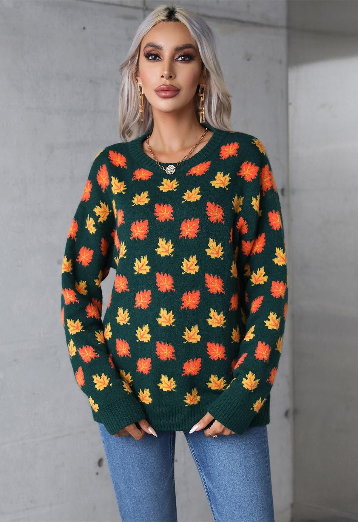 Maple Leaf Long Sleeves Oversized Knit Sweater in Green | Chicwish