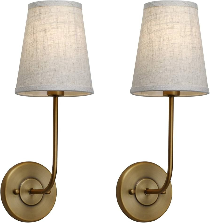 Pathson Set of 2 Vintage Wall Sconces Linen Fabric Shade, Hardwired Bathroom Vanity Lights Brass ... | Amazon (US)