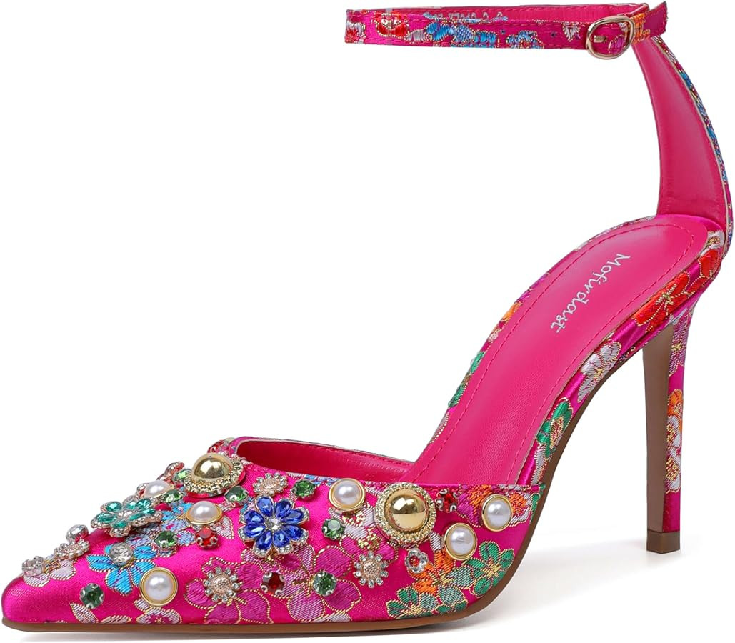 Mofirdast Womens Ankle Strap Colorful Rhinestones Heels Floral Print Embroidery Pumps Sandals Wed... | Amazon (US)
