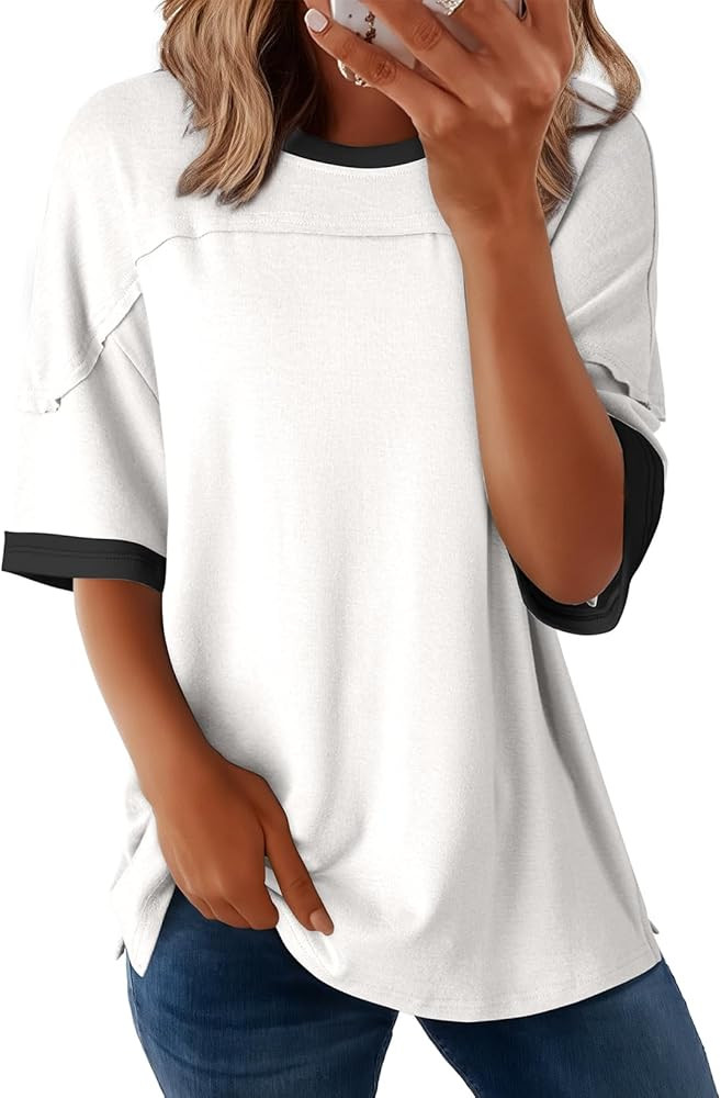 Dokotoo Summer Tops for Women 2025 Loose Oversized T Shirts Crewneck Color Block Side Slits Basic... | Amazon (US)