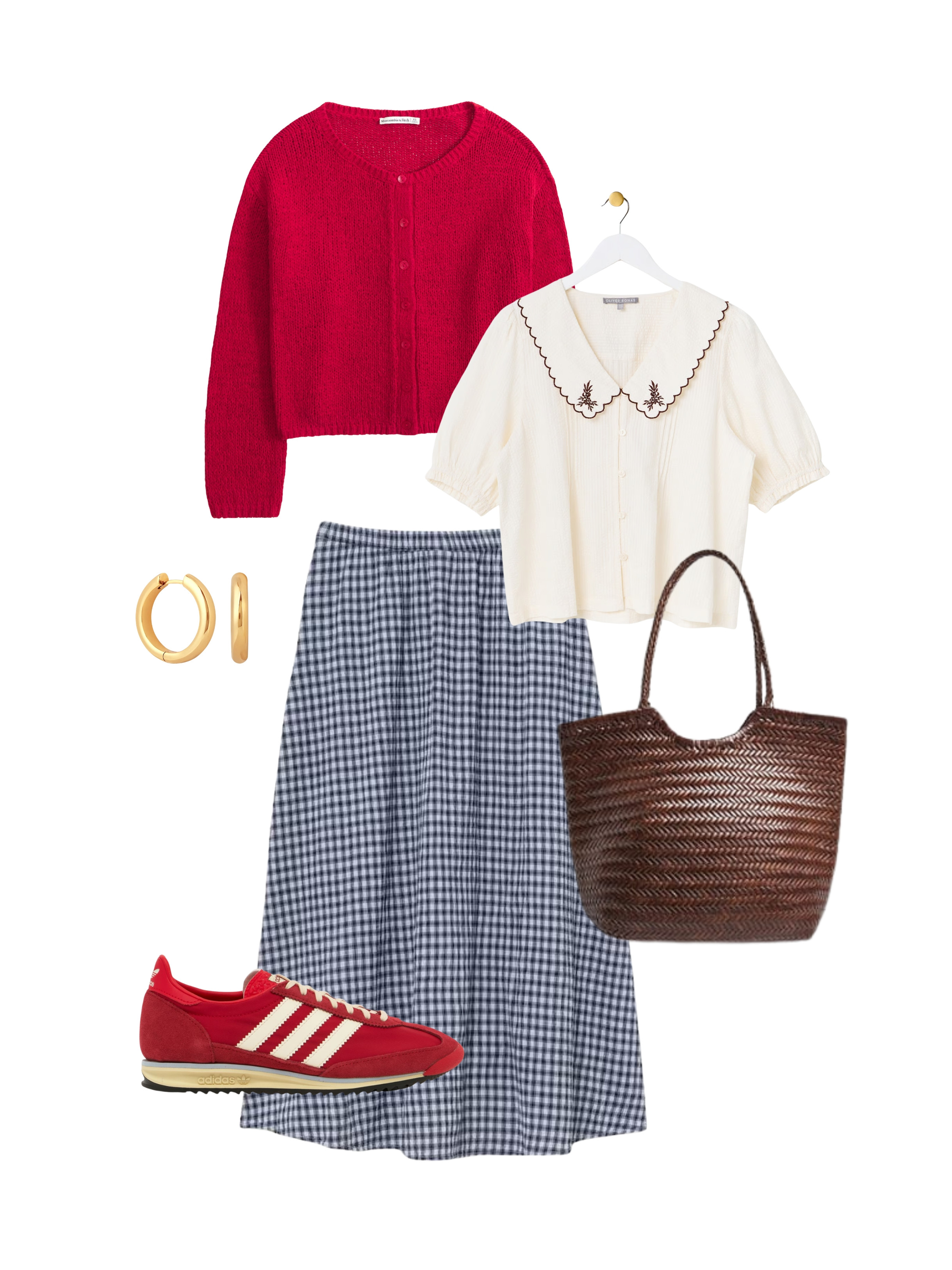 Autumn maxi skirt outfit check. Gingham skirt with floral collar blouse, and a pop of red cardigan and Adidas trainers 

 #LTKsummer #LTKstyletip