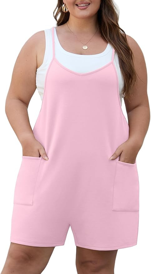 OLRIK Womens 2026 Summer Plus Size Romper Adjustable Spaghetti Strap Jumpsuits With Pockets Sleev... | Amazon (US)
