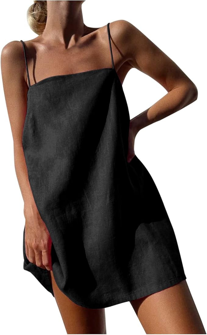 Womens Linen Spaghetti Strap Sleeveless Summer Mini Dresses Cute A-Line Back Zip Short Cami Dress... | Amazon (US)