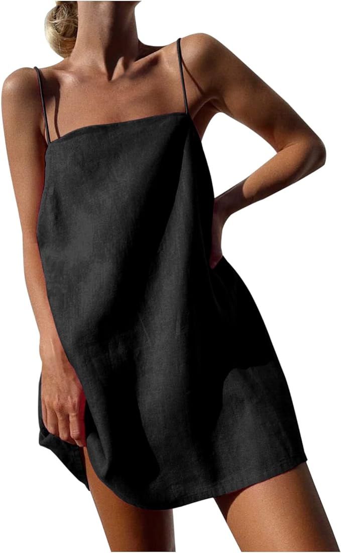 Womens Linen Spaghetti Strap Sleeveless Summer Mini Dresses Cute A-Line Back Zip Short Cami Dress... | Amazon (US)