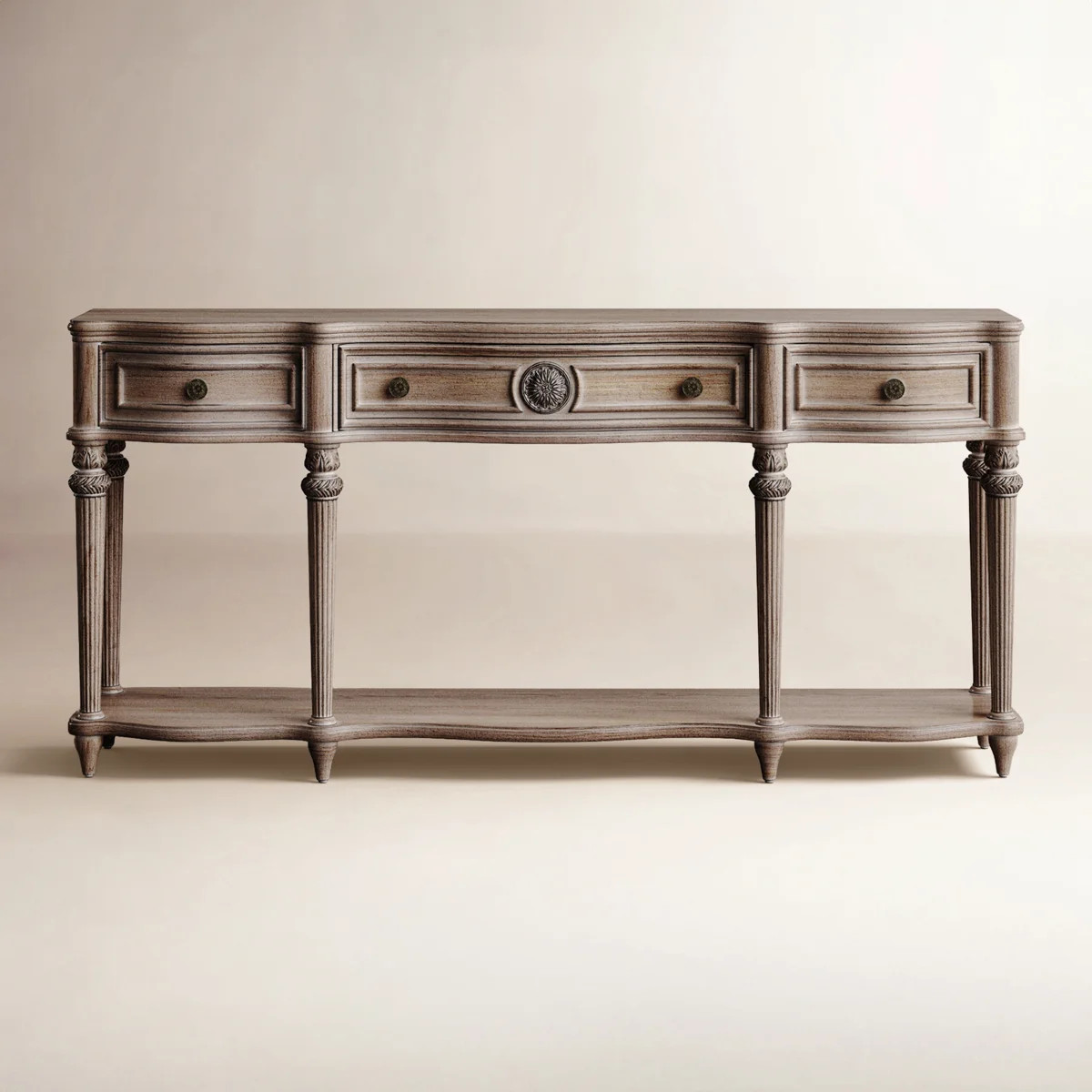 Balsam 72 in. W Wood 3 Drawer Traditional Console Table with Lower Shelf, Driftwood | Wayfair North America