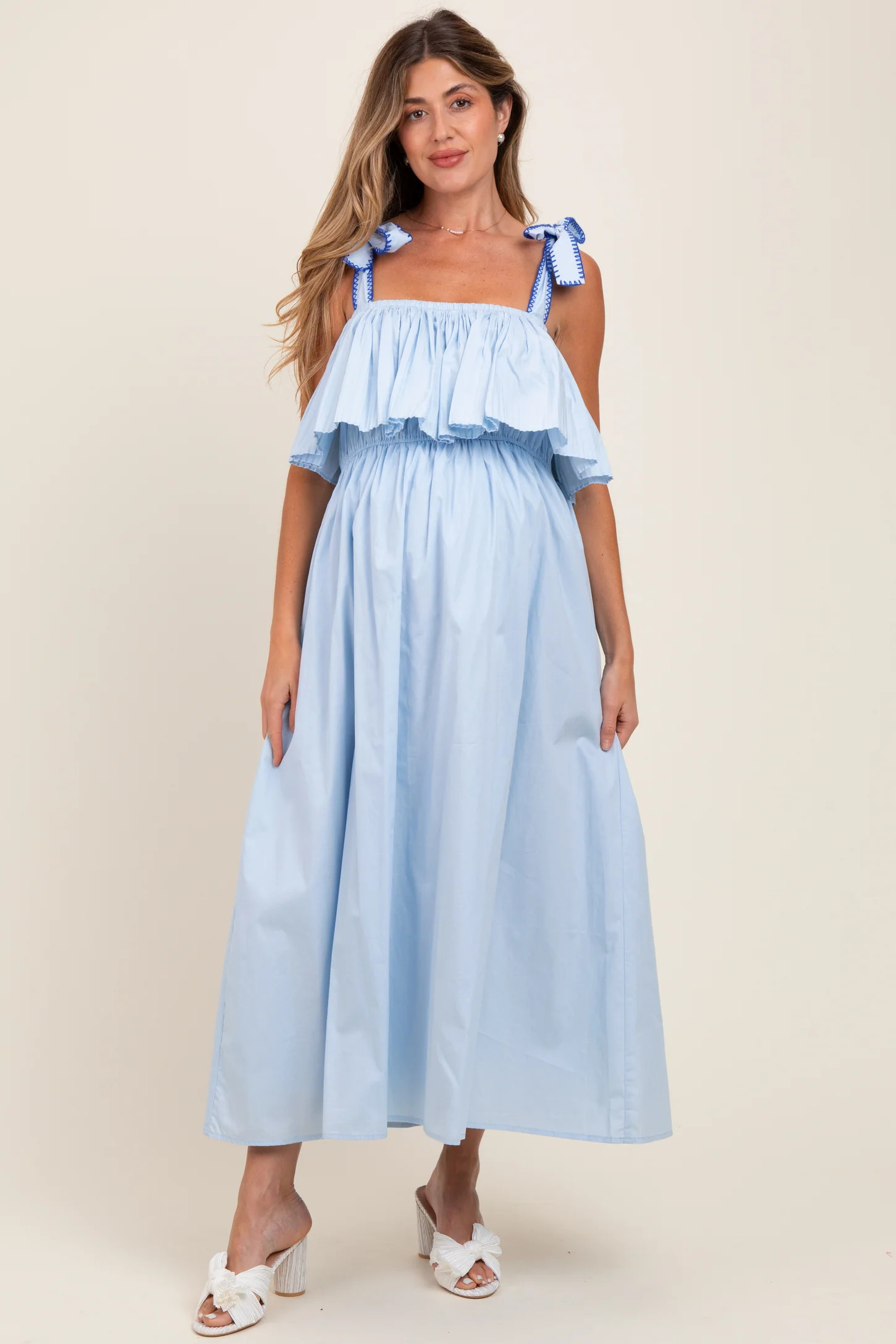 Light Blue Shoulder Tie Flounce Maternity Midi Dress | PinkBlush Maternity