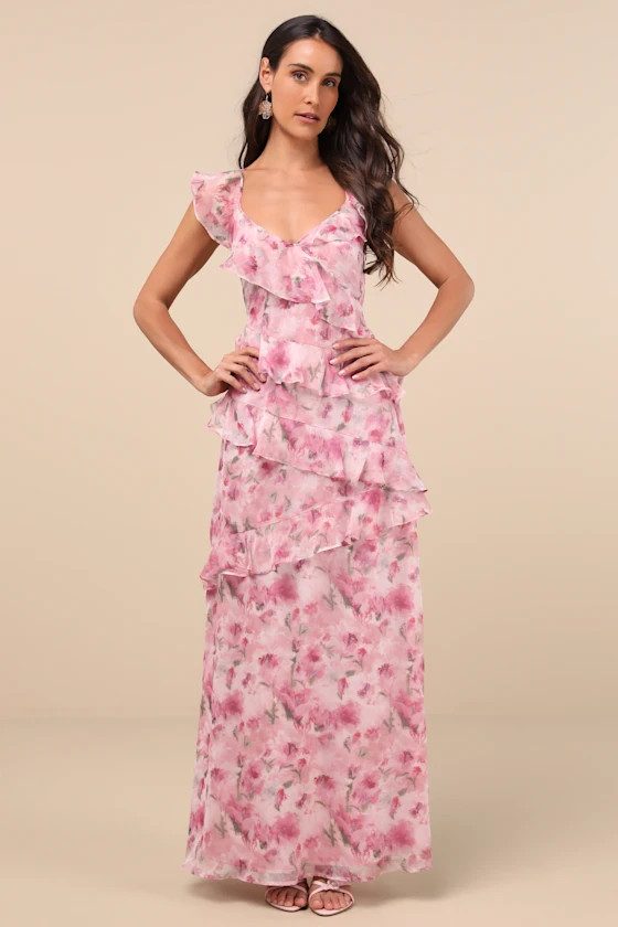Evangeline Pink Floral Ruffled Maxi Dress | Lulus