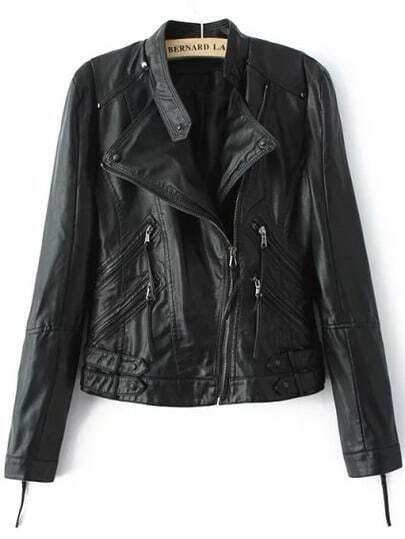 Black Stand Collar Oblique Zipper Crop Jacket | SHEIN