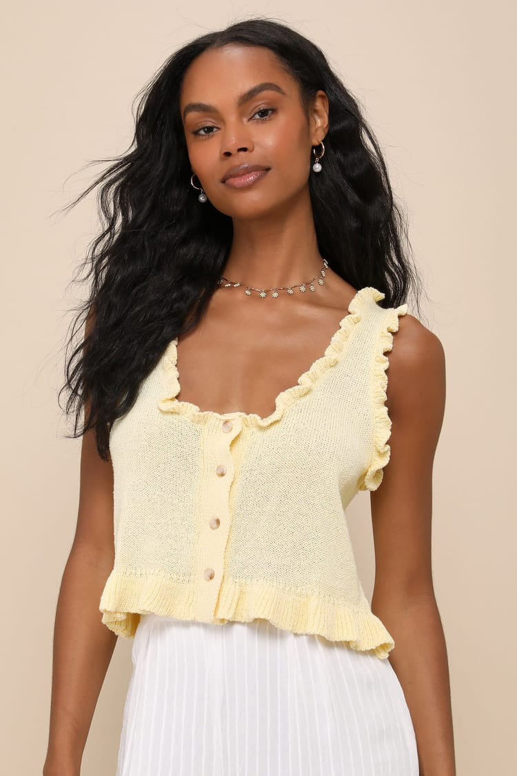 Smiling Sweetie Light Yellow Knit Ruffled Sleeveless Sweater Top | Lulus