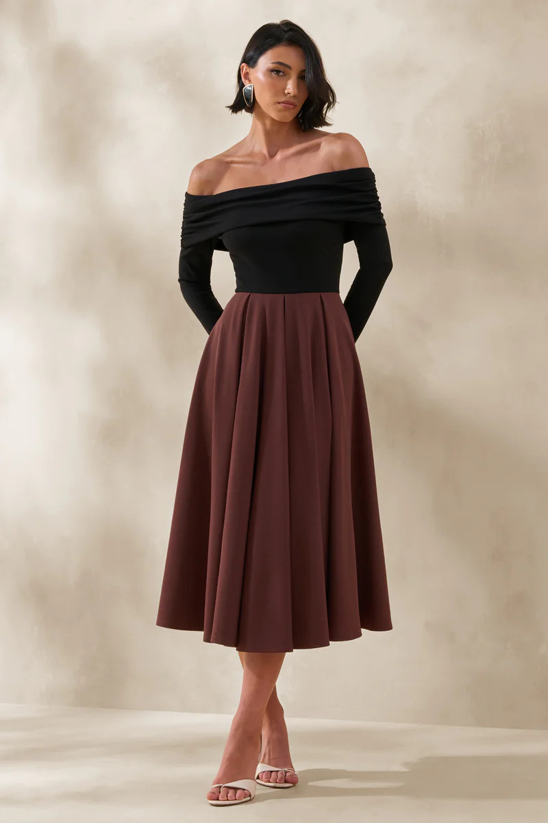 Frederica  Black And Brown Bardot-Neck Midi Dress | Club L London