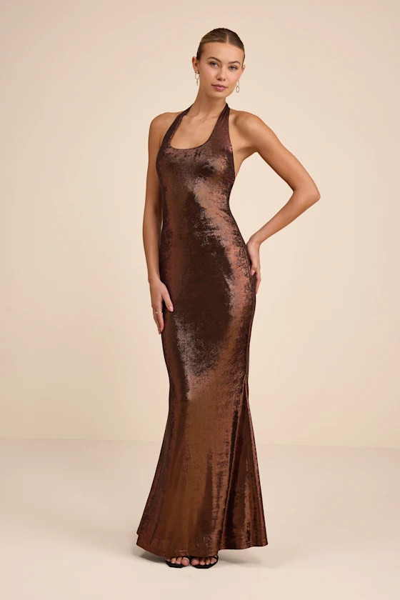 Airla Shiny Bronze Slinky Knit Halter Maxi Dress | Lulus