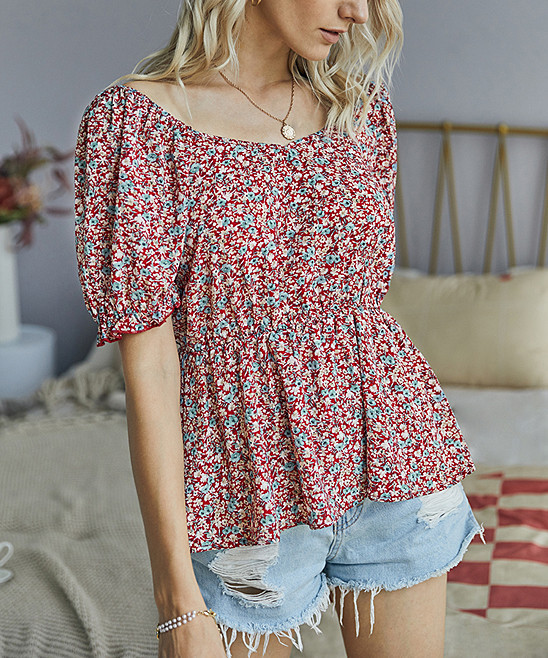 Gaovot Women's Blouses red - Red Floral Peplum Top - Women | Zulily