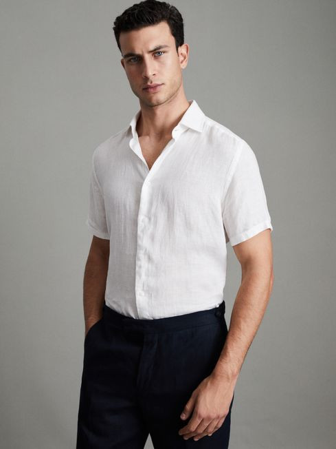 Slim Fit Linen Button-Through Shirt in White | Reiss US