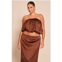 Plus Chocolate Satin Puffball Bandeau Top | PrettyLittleThing US