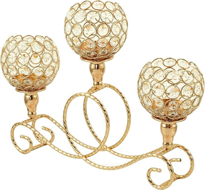 VINCIGANT Gold Crystal Candle Holders, Elegant 3 Arms Table Candelabra Centerpieces Halloween Dec... | Amazon (US)