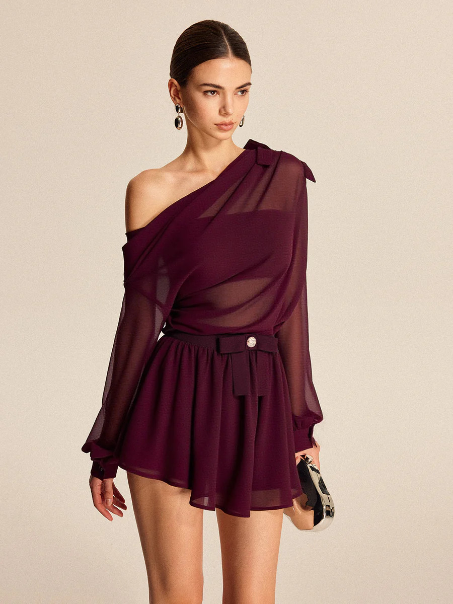 Semi-Sheer Chiffon One-Shoulder Bow Detail Skirt Set | Commense