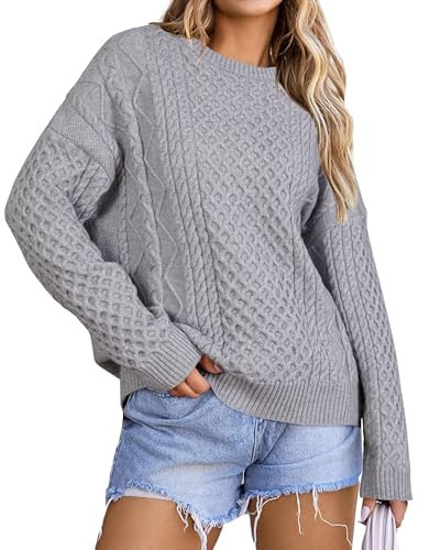 Arach&Cloz Womens Oversized Cozy Sweater 2026 Spring Winter Clothing Fashion Plus Size Tops Cable Knit Crewneck Wool Cashmere Long Sleeve Clothes Trendy Fisherman Pullover Light Grey XL | Amazon (US)