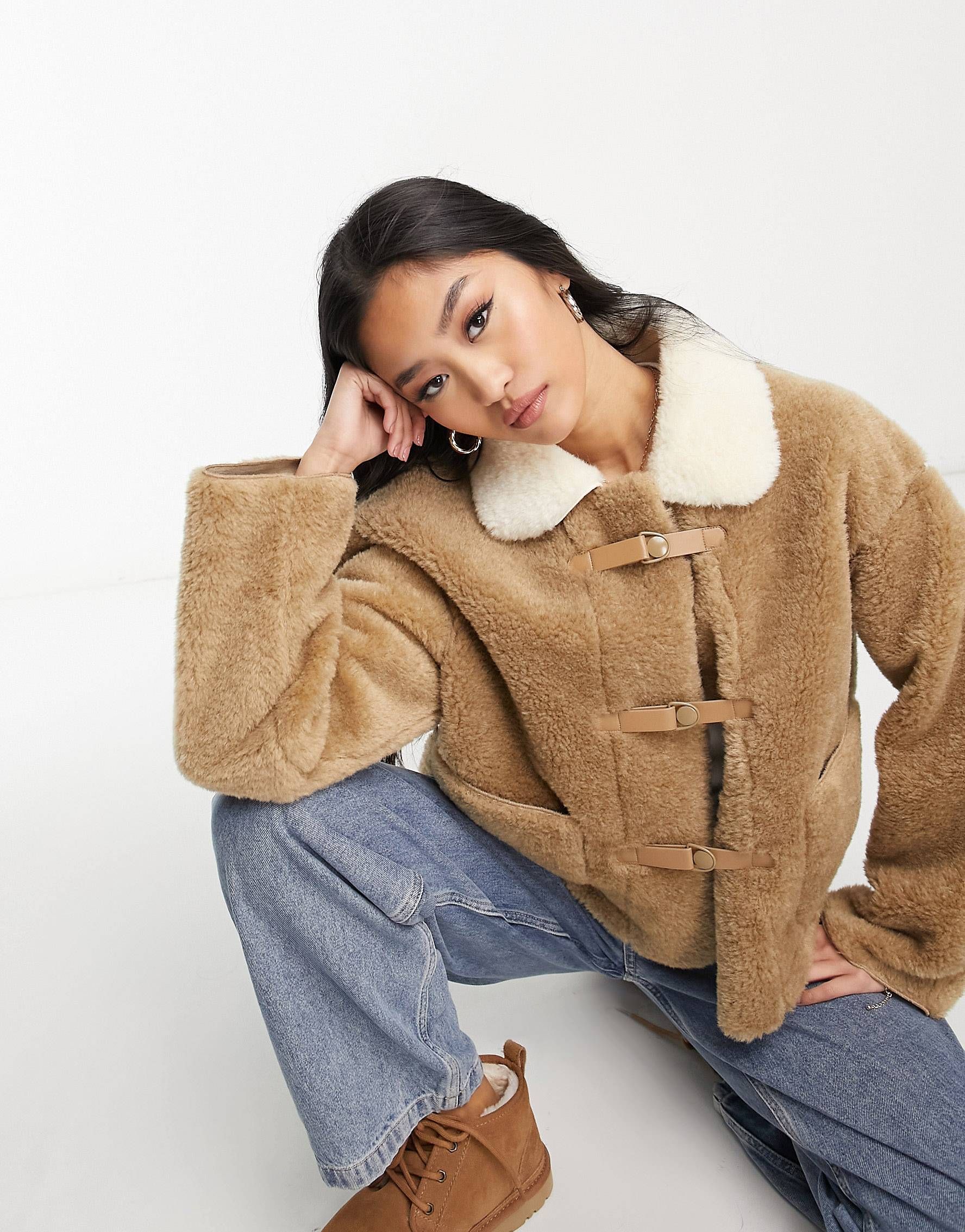Urban Revivo faux fur cropped jacket with collar in camel | ASOS (Global)