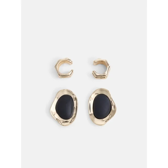 Scoop Women’s Gold Tone Ear Cuff and Post Earrings with Black Accent, 2 Pairs | Walmart (US)