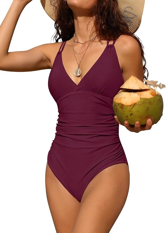 Charmo Tummy Control One Piece Swimsuits for Women Ruched Bathing Suits Strappy V Neck Monokini | Amazon (US)