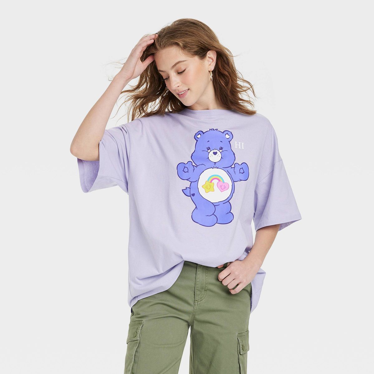 Women's Care Bears Hi Bye Oversized Short Sleeve Graphic T-Shirt - Purple L | Target