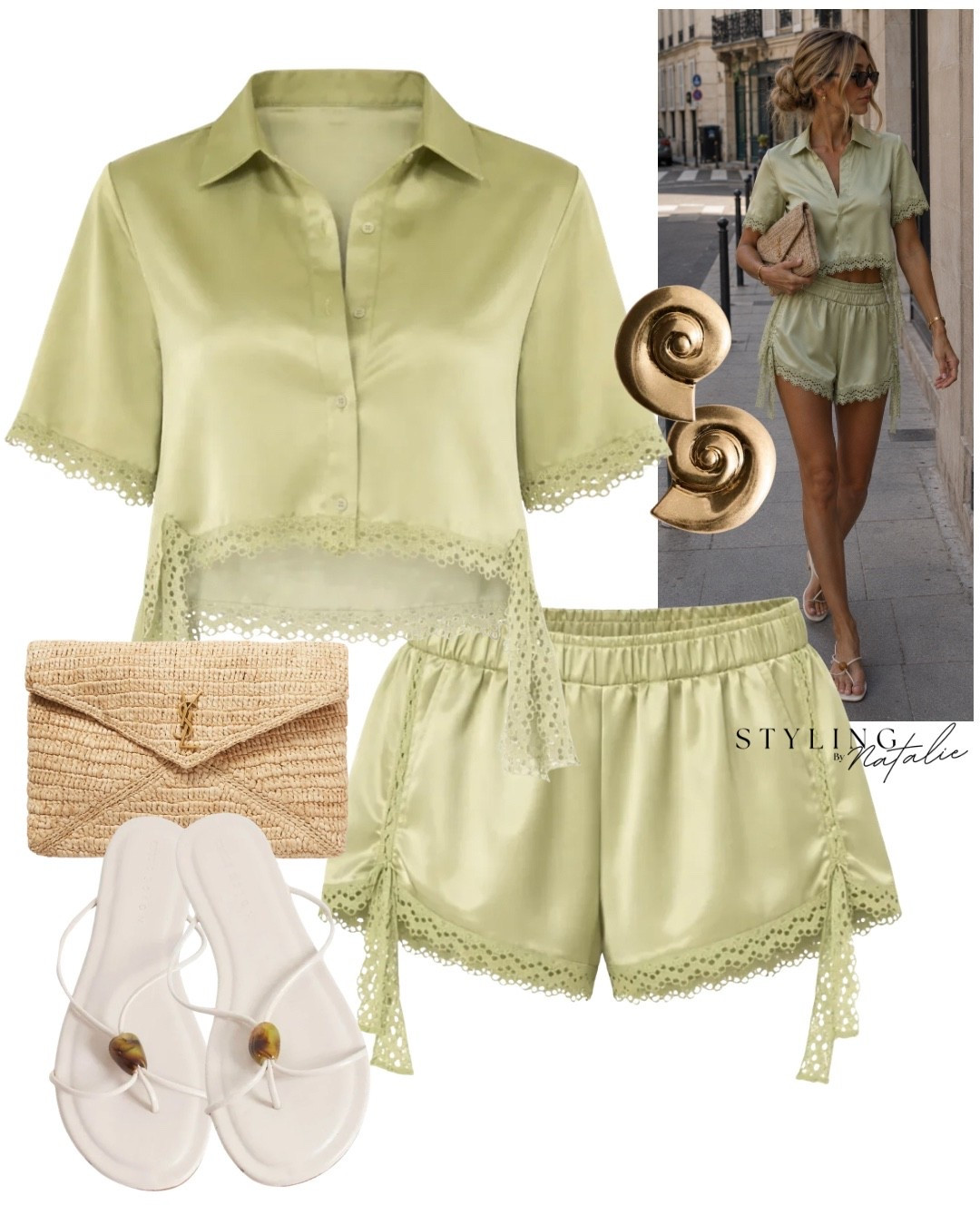 Summer holiday outfit✨ 🫒 
Olive green satin co ord set, crop shirt and matching shorts with lace trim, beaded sandals, raffia
Clutch and seashell earrings. 
Date night, evening look, vacation style, noughts and kisses, asos, flat sandals, Ibiza look

#LTKsummer #LTKeurope #LTKpartywear