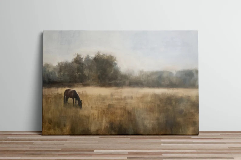 Countryside Rustic Art Print Oil Painting Horse Grazing Yellow Grass Field Farm Lands Wall of Tre... | Etsy (US)