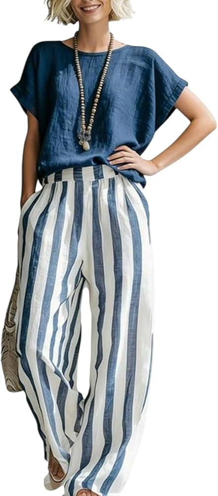 Striped Two Piece Sets for Women Casual Shirt and Classic Striped Wide Leg Pants Outfit Linen Loo... | Amazon (US)