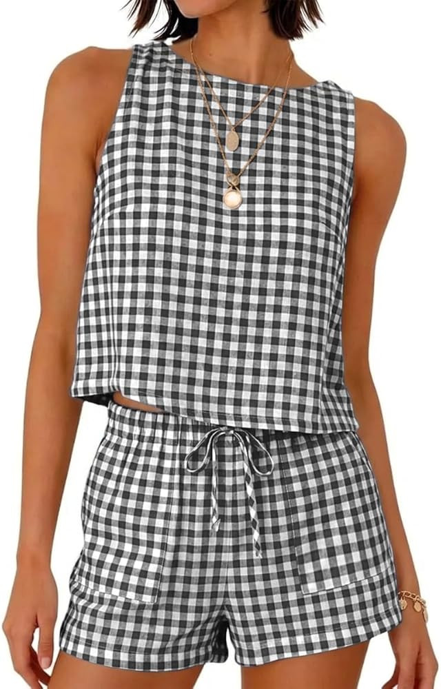 IDEALSANXUN Womens Gingham Two Piece Sets Spring Summer Beach Vacation Outfits Pajama Sets | Amazon (US)