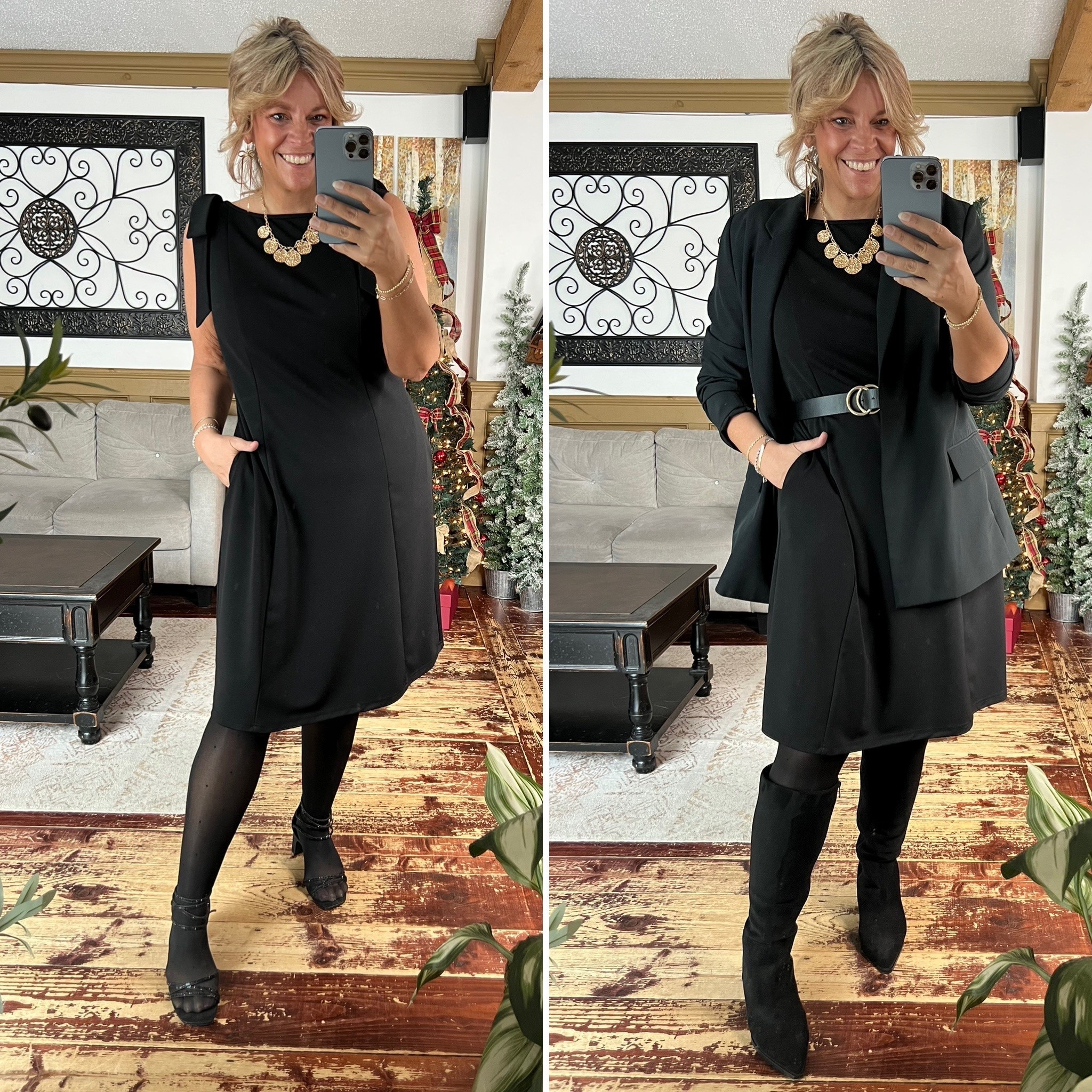 Little black dress die 12; blazer size xl- wear to work or for a night out! 

#LTKWedding #LTKFindsUnder50 #LTKHoliday