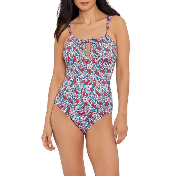Time and Tru Women's Bright Ditzy Keyhole Front One Piece Swimsuit | Walmart (US)