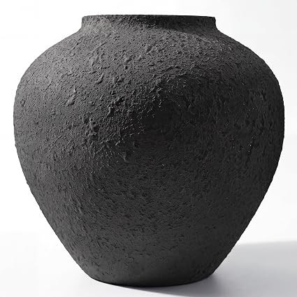 Large Round Black Vase with Pottery Look, Metal Rustic Vase for Flowers | Amazon (US)