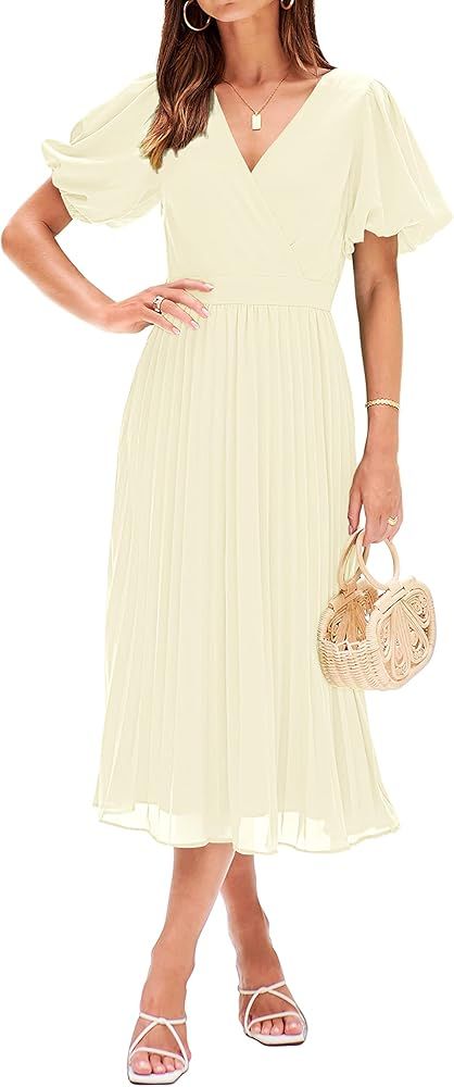 MEROKEETY Womens 2024 Summer Puff Sleeve Wrap V Neck Pleated Flowy Midi Dress for Wedding Guest | Amazon (US)