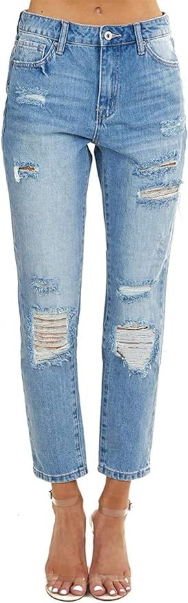 AMCLOS Womens Casual Denim Shorts High Waist High Stretchy Skinny Ripped Hole Distressed Jean wit... | Amazon (US)