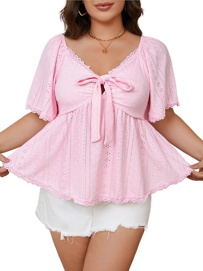 Verdusa Women's Plus Size Coquette Tie Front T Shirt Deep V Neck Ruffle Hem Knit Tee Tops | Amazon (US)