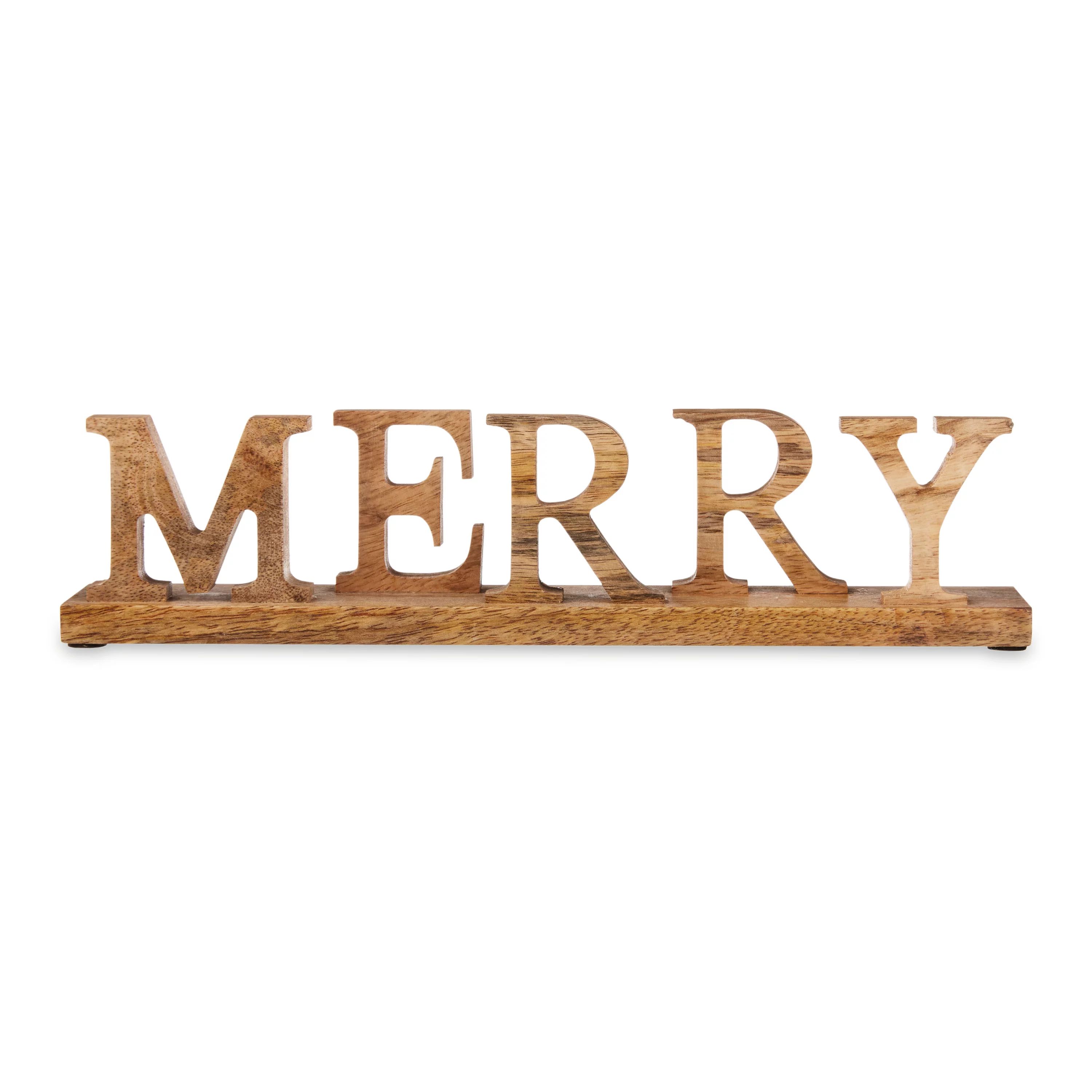 Holiday Time Wooden Christmas Tabletop Décor MERRY Natural Wood Finish 12 inch - Walmart.com | Walmart (US)