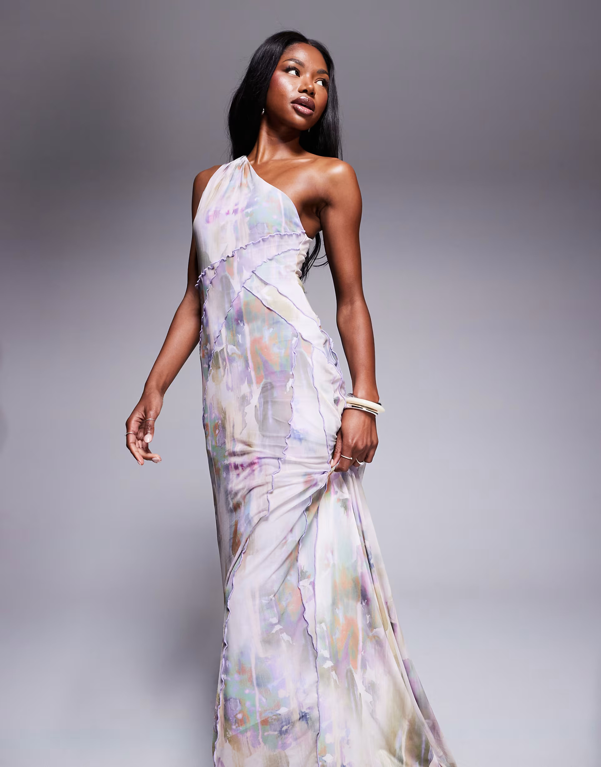 ASOS DESIGN mesh one shoulder exposed seams maxi dress with full hem in blurred lilac floral prin... | ASOS (Global)