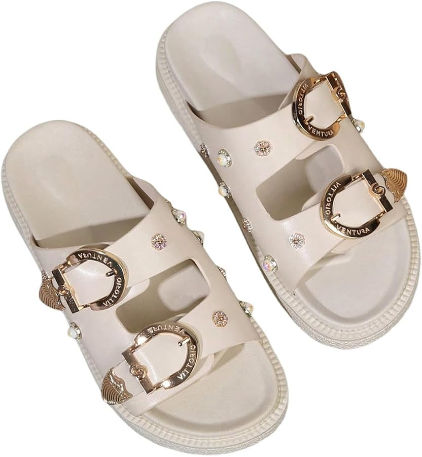OYOANGLE Women's Studded Double Buckle Strap Footbed Sandals Fashion Platform Slip on Slides Sand... | Amazon (US)