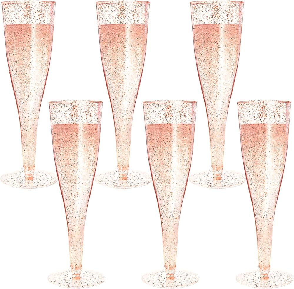 Disposable Champagne Flutes, 6PC Rose Gold Glitter Plastic Champagne Glasses for Parties, 6.5 OZ | Amazon (US)