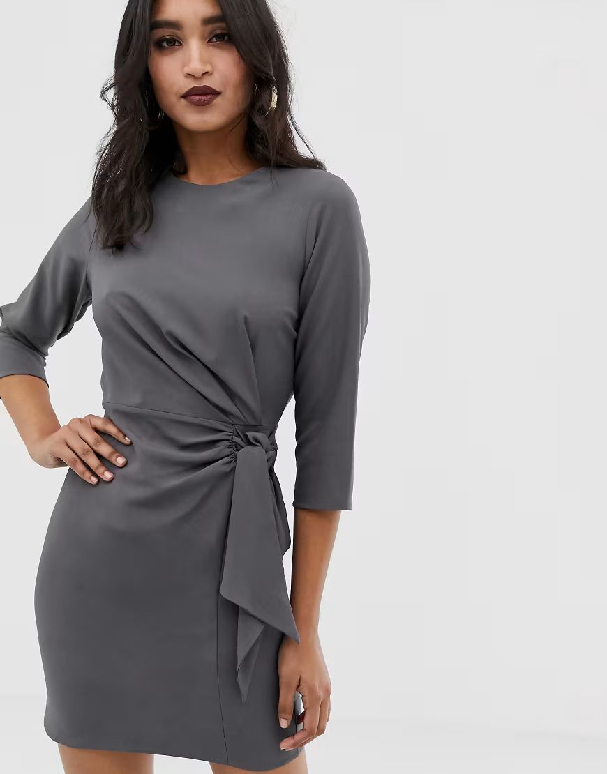 ASOS DESIGN wrap detail mini dress with long sleeves-Gray | ASOS (Global)