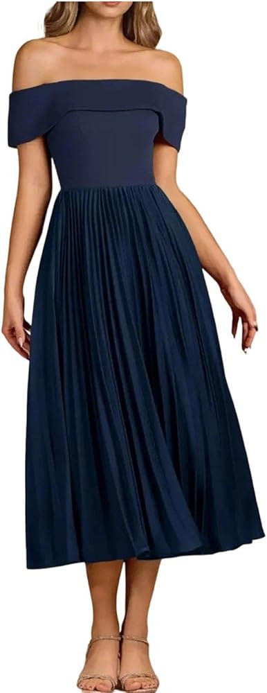 Women Off Shoulder Pleated A-Line Mid-Calf Cocktail Birthday Holiday Party Evening Length Dress | Amazon (US)