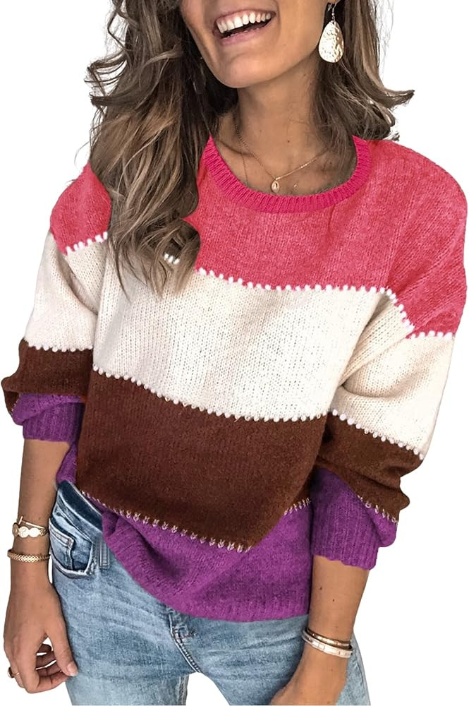 Angashion Women's Sweaters Casual Long Sleeve Crewneck Color Block Patchwork Pullover Knit Sweate... | Amazon (US)